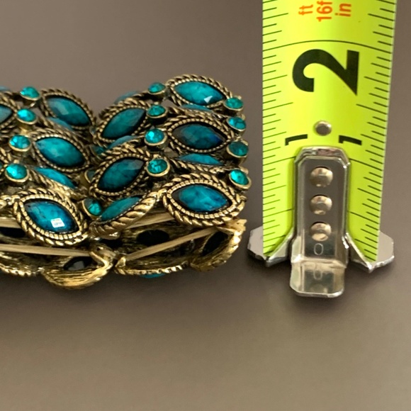 Peacock turquoise blue gold tone filigree vintage/boho stretch cuff bracelet - Picture 11 of 12